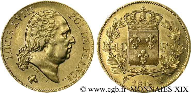 40 francs or Louis XVIII 1818 Lille F.542/8 XF 