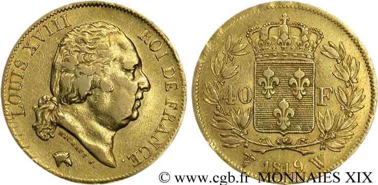 40 francs or Louis XVIII 1819 Lille F.542/9 MBC 