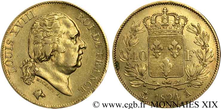 40 francs or Louis XVIII 1824 Paris F.542/16 SS 