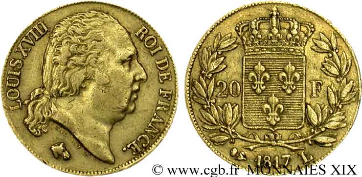 20 francs or Louis XVIII, tête nue 1817 Bayonne F.519/7 TTB 