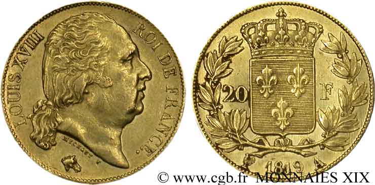 20 francs or Louis XVIII, tête nue 1819 Paris F.519/15 XF 
