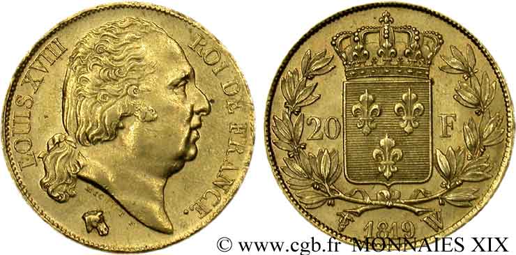 20 francs or Louis XVIII, tête nue 1819 Lille F.519/18 EBC 