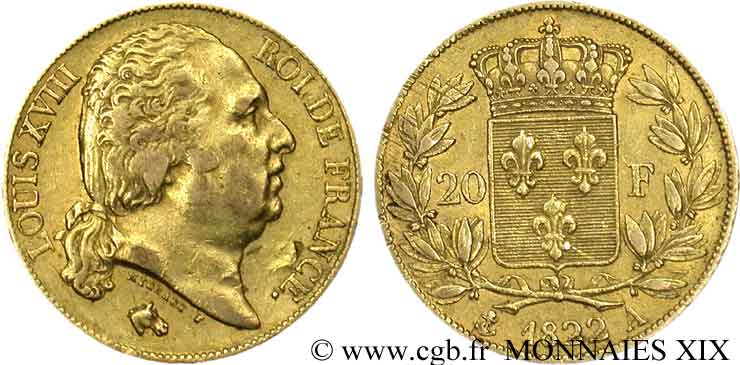 20 francs or Louis XVIII, tête nue 1822 Paris F.519/26 MB 