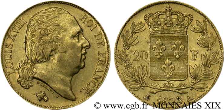 20 francs or Louis XVIII, tête nue 1823 Paris F.519/29 MBC 