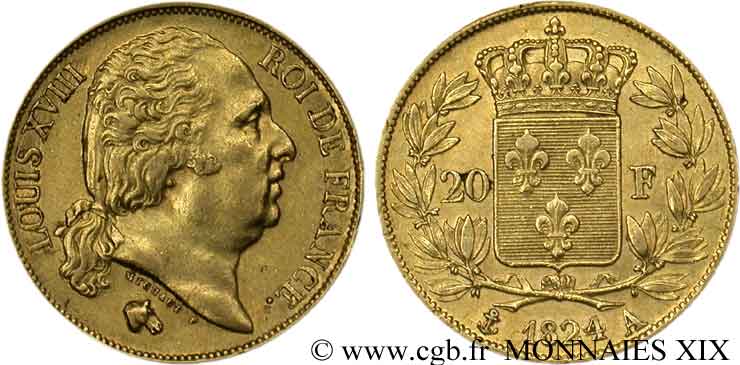 20 francs or Louis XVIII, tête nue 1824 Paris F.519/31 MBC 