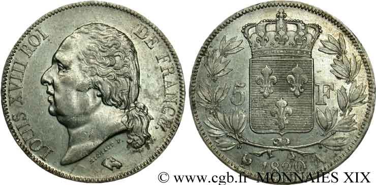 5 francs Louis XVIII tête nue 1820  Paris F.309/49 SPL 