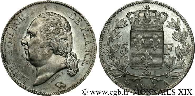 5 francs Louis XVIII tête nue 1821  Paris F.309/60 SUP 