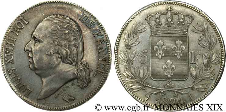 5 francs Louis XVIII tête nue 1824 Limoges F.309/92 VZ 
