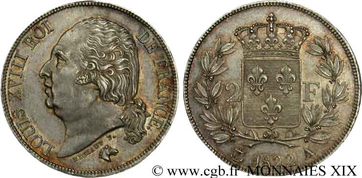 2 francs Louis XVIII 1822 Paris F.257/36 MS 