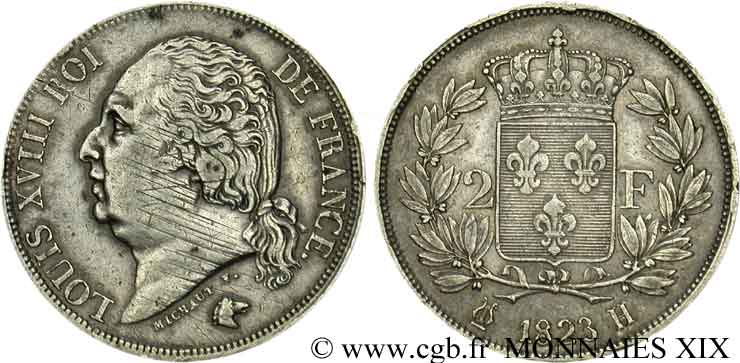 2 francs Louis XVIII 1823 La Rochelle F.257/44 MBC 