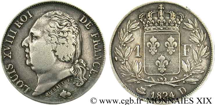 1 franc Louis XVIII 1824 Lyon F.206/58 TTB 