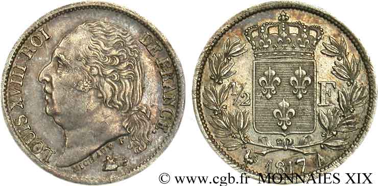 1/2 franc Louis XVIII 1817 Paris F.179/9 AU 