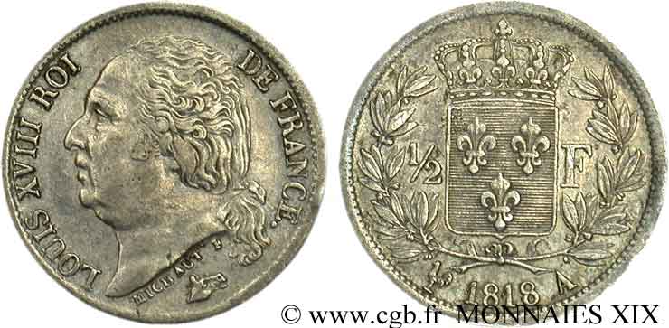 1/2 franc Louis XVIII 1818 Paris F.179/15 XF 