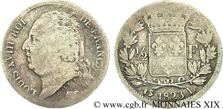 1/2 franc Louis XVIII 1823 Bayonne F.179/39 TB 