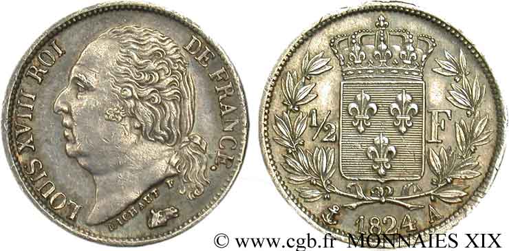 1/2 franc Louis XVIII 1824 Paris F.179/43 EBC 