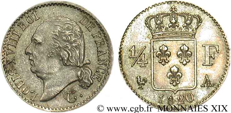 1/4 franc Louis XVIII  1820 Paris F.163/18 AU 