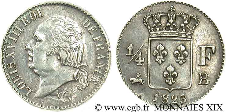 1/4 franc Louis XVIII  1823 Rouen F.163/25 XF 