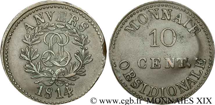 10 cent. Anvers au double L, frappe de l’arsenal de la marine 1814  Anvers F.130D/1 AU 