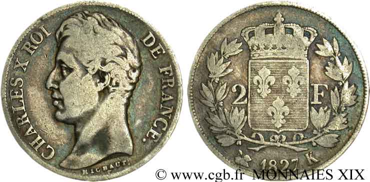 2 francs Charles X 1827 Bordeaux F.258/30 BC 