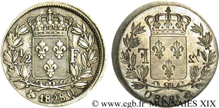 1/2 franc Charles X, frappe incuse 1828 Perpignan F.180/34 var. SS 