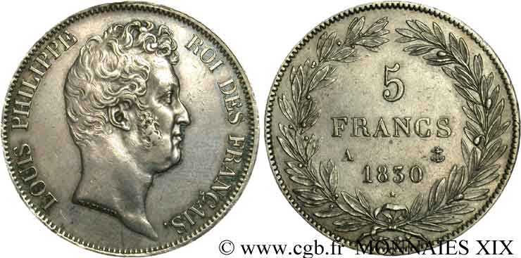 5 francs type Tiolier sans le I, tranche en relief 1830  Paris F.314/1 AU 