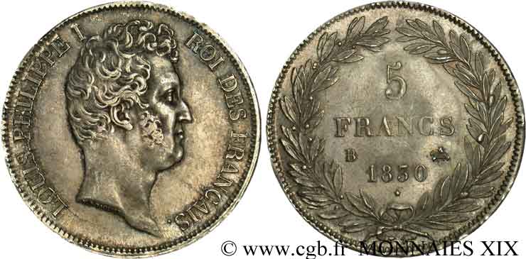 5 francs type Tiolier avec le I, tranche en creux 1830 Rouen F.315/2 SS 