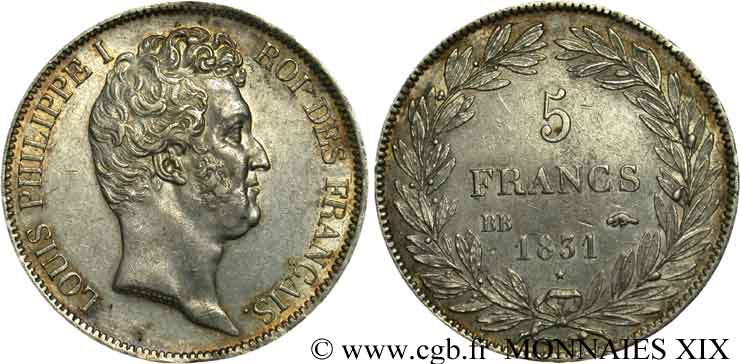 5 francs type Tiolier avec le I, tranche en creux 1831 Strasbourg F.315/16 SS 