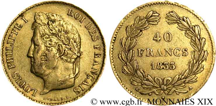 40 francs or Louis-Philippe 1833 Paris F.546/5 XF 
