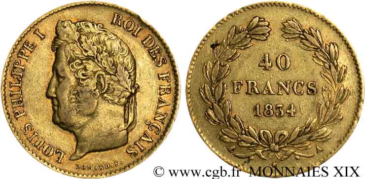 40 francs or Louis-Philippe 1834 Paris F.546/6 MBC 