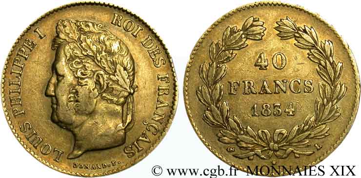 40 francs or Louis-Philippe 1834 Bayonne F.546/7 XF 