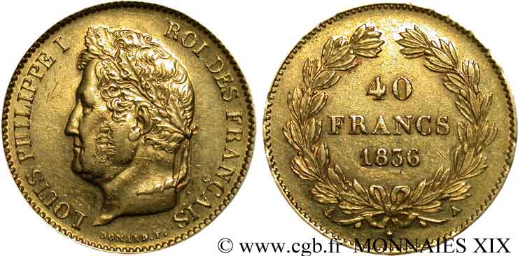 40 francs or Louis-Philippe 1836 Paris F.546/9 SS 