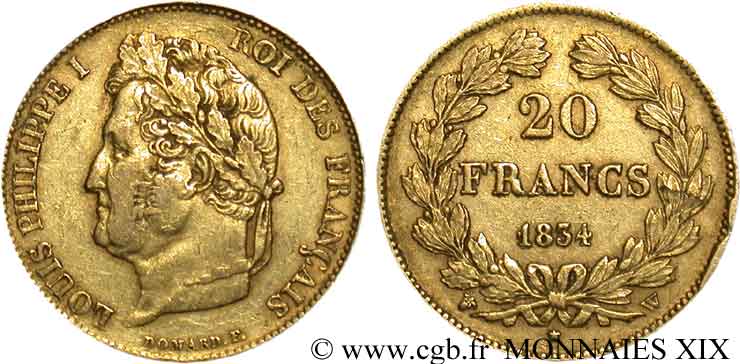 20 francs Louis-Philippe, Domard 1834 Lille F.527/10 XF 