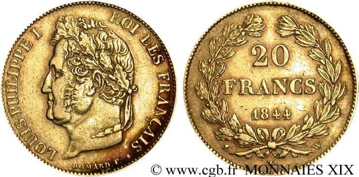 20 francs Louis-Philippe, Domard 1844 Lille F.527/32 SS 