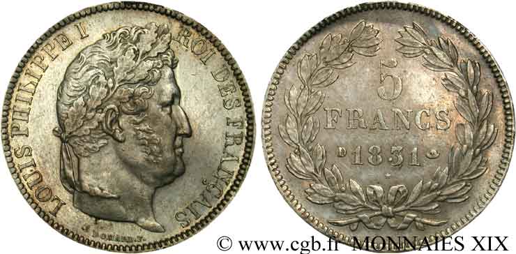 5 francs Ier type Domard, tranche en creux 1831 Lyon F.319/2 EBC 