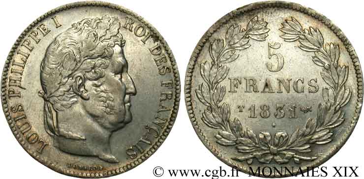 5 francs, Ier type Domard, tranche en relief 1831 Nantes F.320/12 SUP 