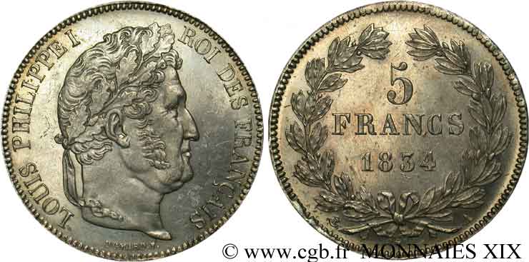 5 francs IIe type Domard 1834 Paris F.324/29 AU 