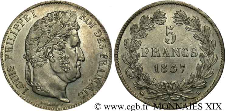 5 francs IIe type Domard 1837 Rouen F.324/62 SUP 