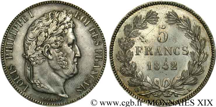 5 francs, IIe type Domard 1842 Bordeaux F.324/98 AU 