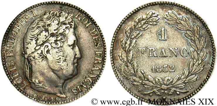 1 franc Louis-Philippe, couronne de chêne 1832 La Rochelle F.210/5 SS 