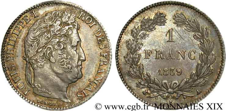 1 franc Louis-Philippe, couronne de chêne 1839 Paris F.210/67 SPL 