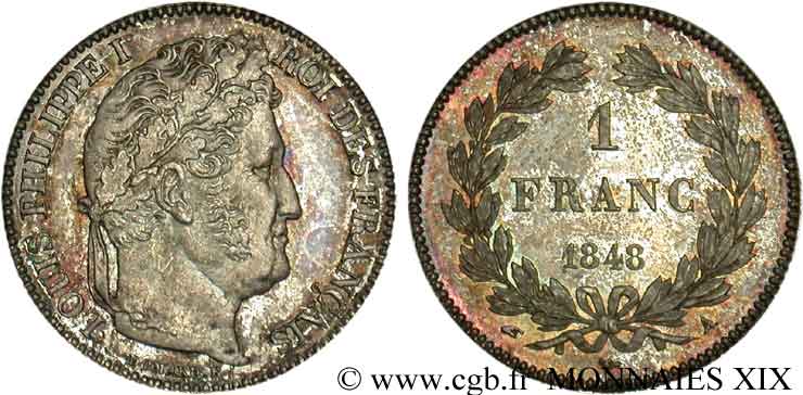 1 franc Louis-Philippe, couronne de chêne 1848 Paris F.210/113 fST 