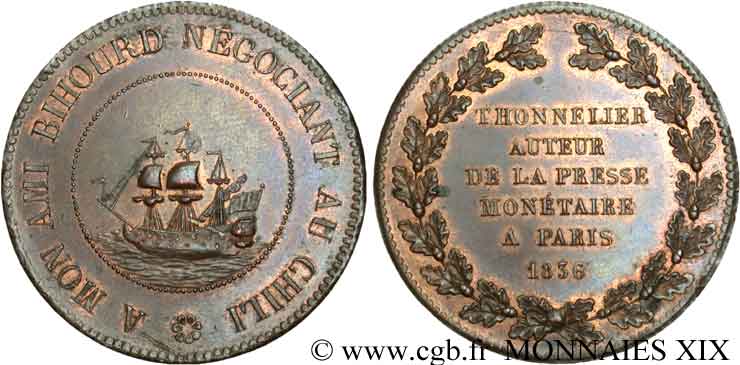 Module de 5 francs en bronze, Bihourd au Chili 1836 Paris VG.2860  AU 