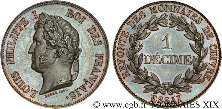 Essai 1 décime en cuivre, poids léger 1840 Paris VG.2916  EBC 