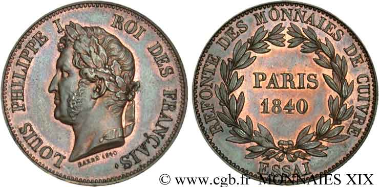 Refonte des monnaies de cuivre, essai au module du décime, poids léger 1840 Paris VG.2916  MS 