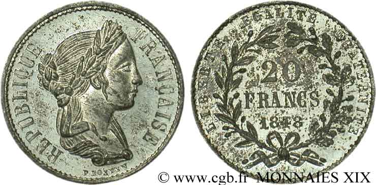 Concours de 20 francs, essai de Boivin 1848 Paris VG.3017 var VZ/SS 