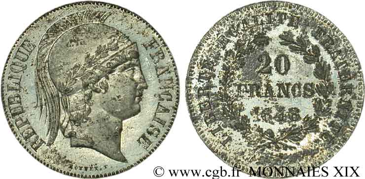 Concours de 20 francs, essai de Bouvet 1848 Paris VG.3018 var AU/XF 