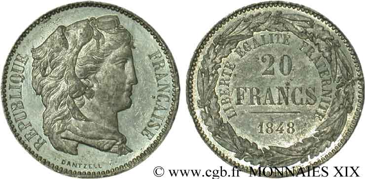 Concours de 20 francs, essai de Dantzell 1848 Paris VG.3021 var. AU 