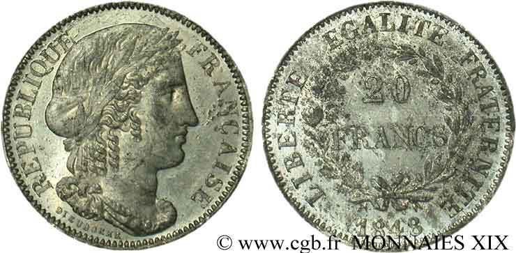 Concours de 20 francs, essai de Dieudonné 1848 Paris VG.3023 var VZ/SS 