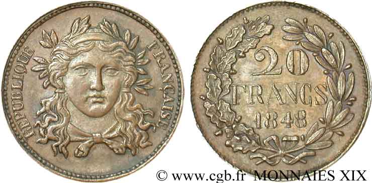 Concours de 20 francs, piéfort de Gayrard, deuxième concours 1848 Paris VG.3051 var. MBC 