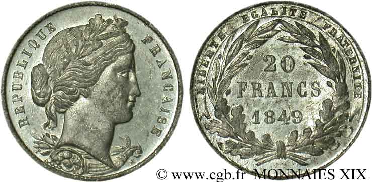 Concours de 20 francs, essai en étain attribué à Malbet 1849 Paris VG.3029 var SUP 